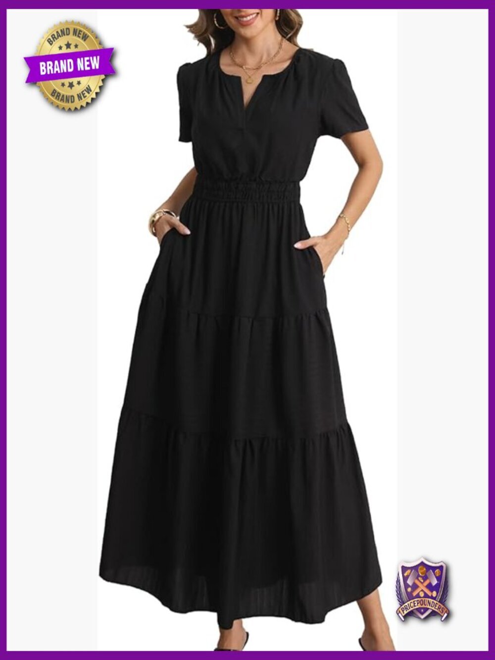 Casual Maxi Dress Short Sleeve Elastic Waist Boho with Pockets